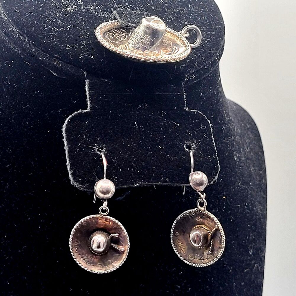 Vintage 925 Sterling Silver Mexican Sombrero Jewelry Set Earrings Charm Pendant
